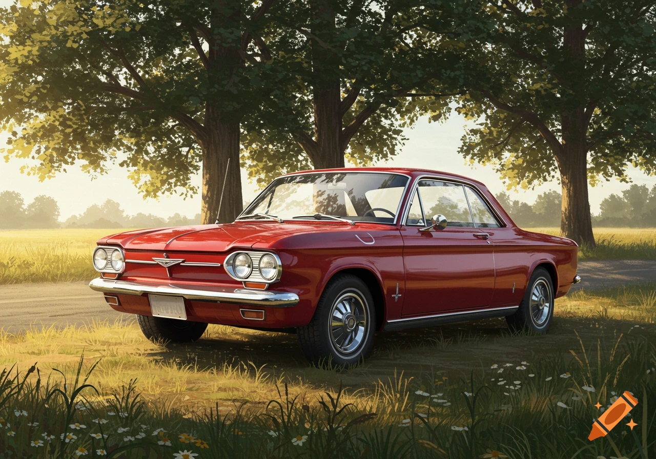 A bright red classic car, possibly a Chevrolet Corvair, parked on grassy ground under large trees, with a dirt road and misty field in the background.