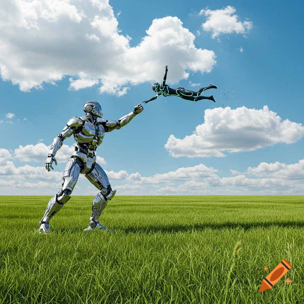 A large silver robot in a green field reaches out to a person in a black futuristic suit floating under a blue sky.