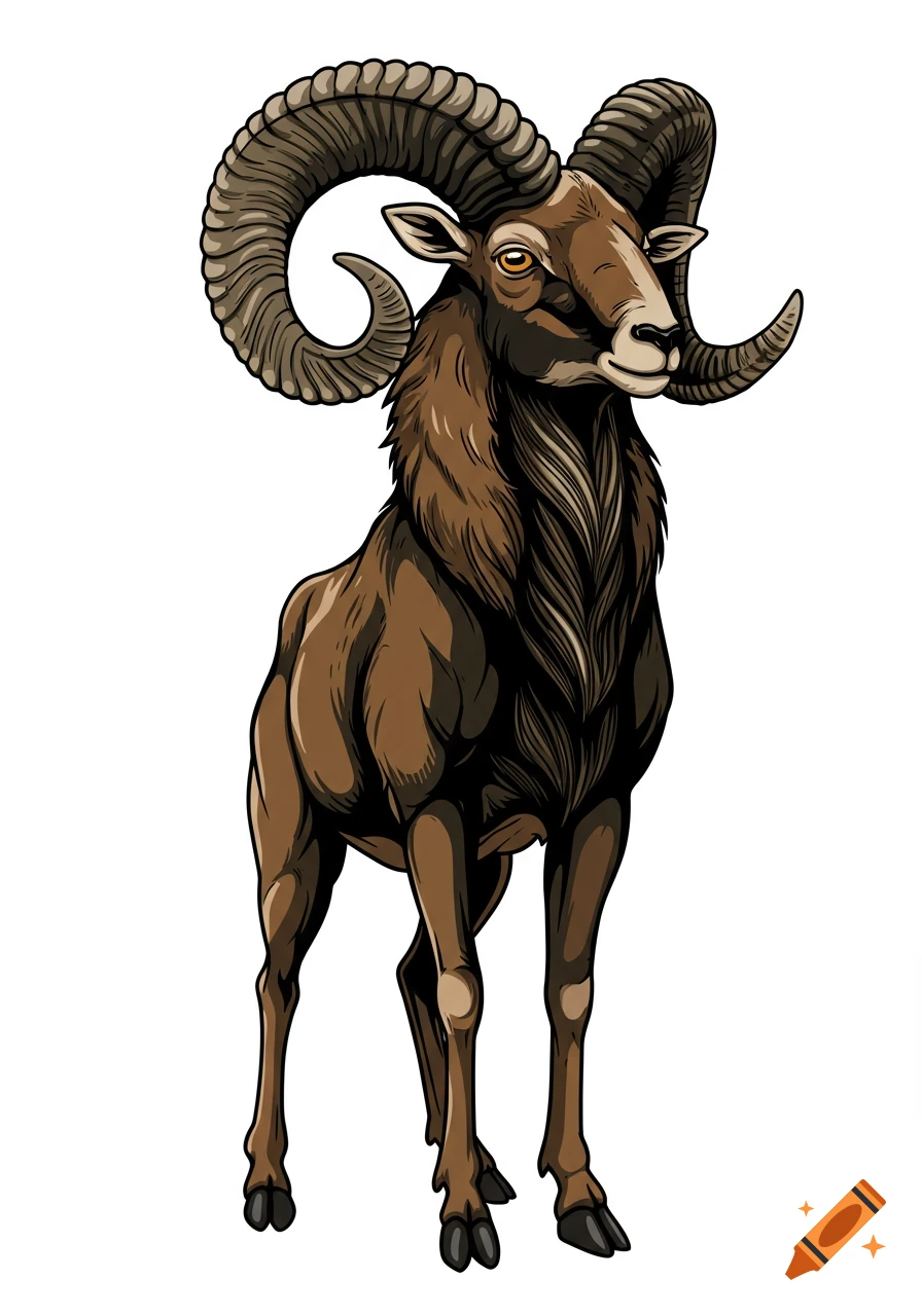 Brown mouflon with large curved horns, standing upright in a stylized illustration on a white background.