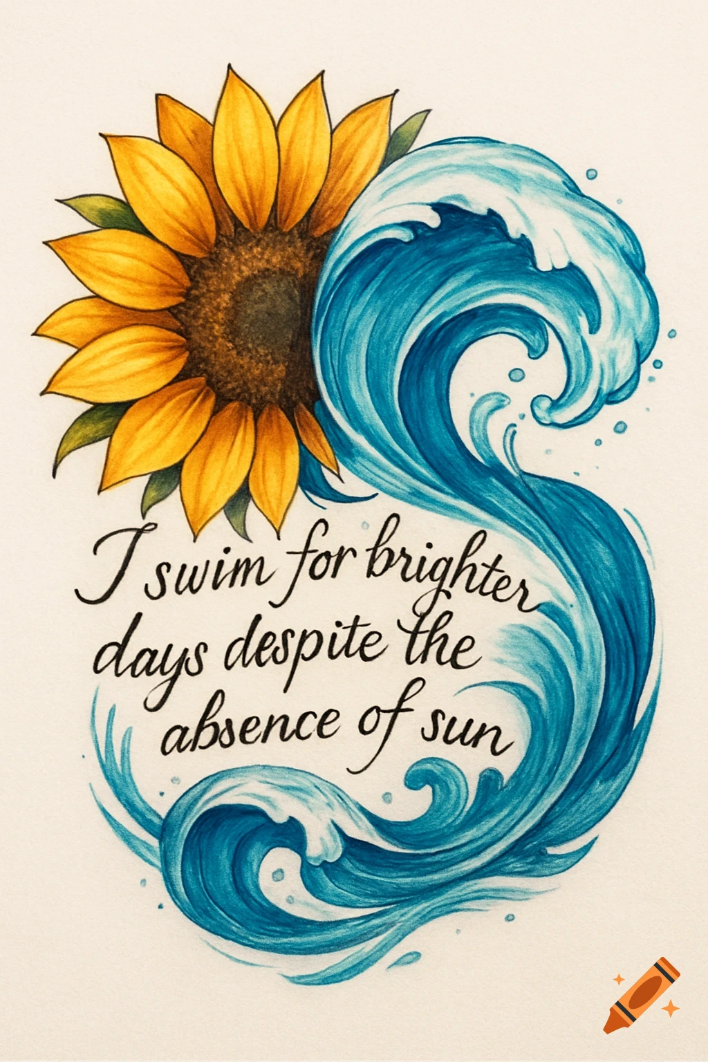 Watercolor illustration of a sunflower merging with a blue wave, featuring the quote 'I swim for brighter days despite the absence of sun'.