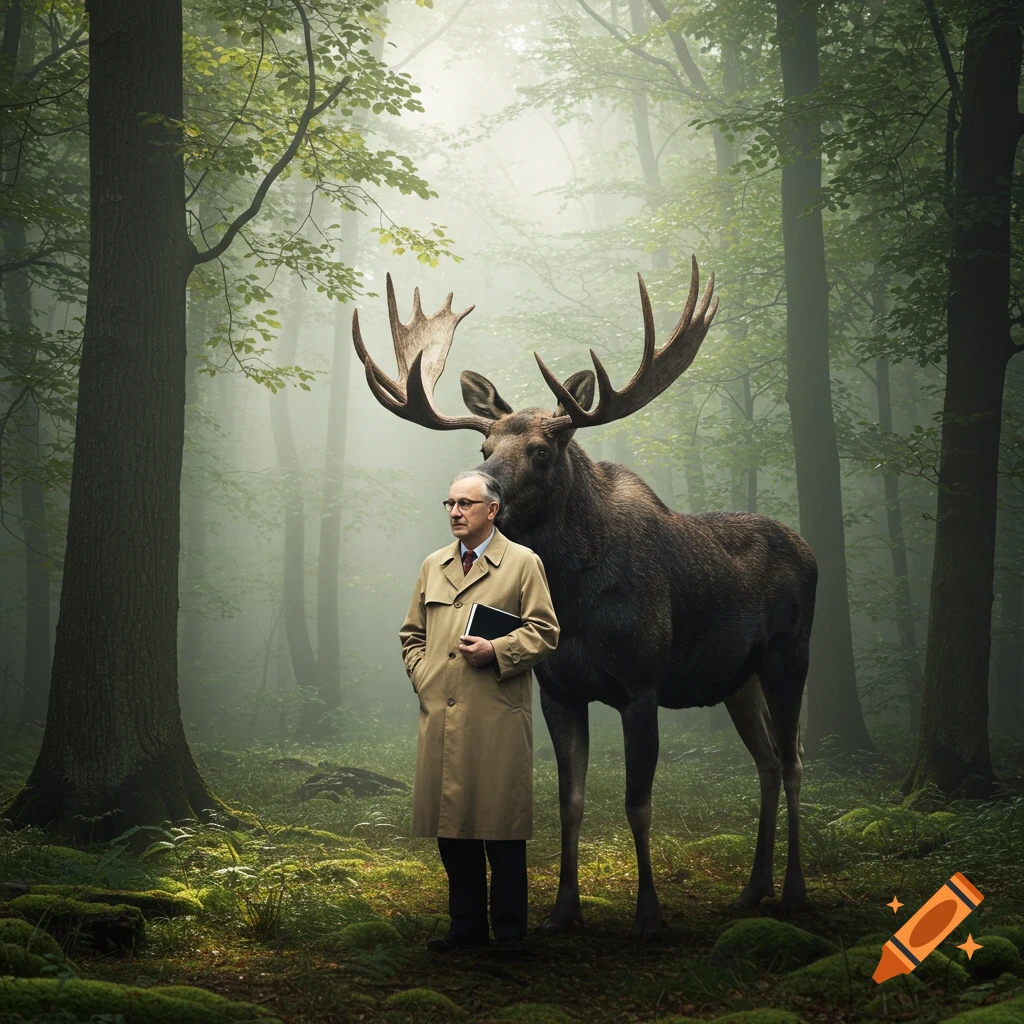 A man in a trench coat holding a book stands next to a large moose in a misty, mossy forest.