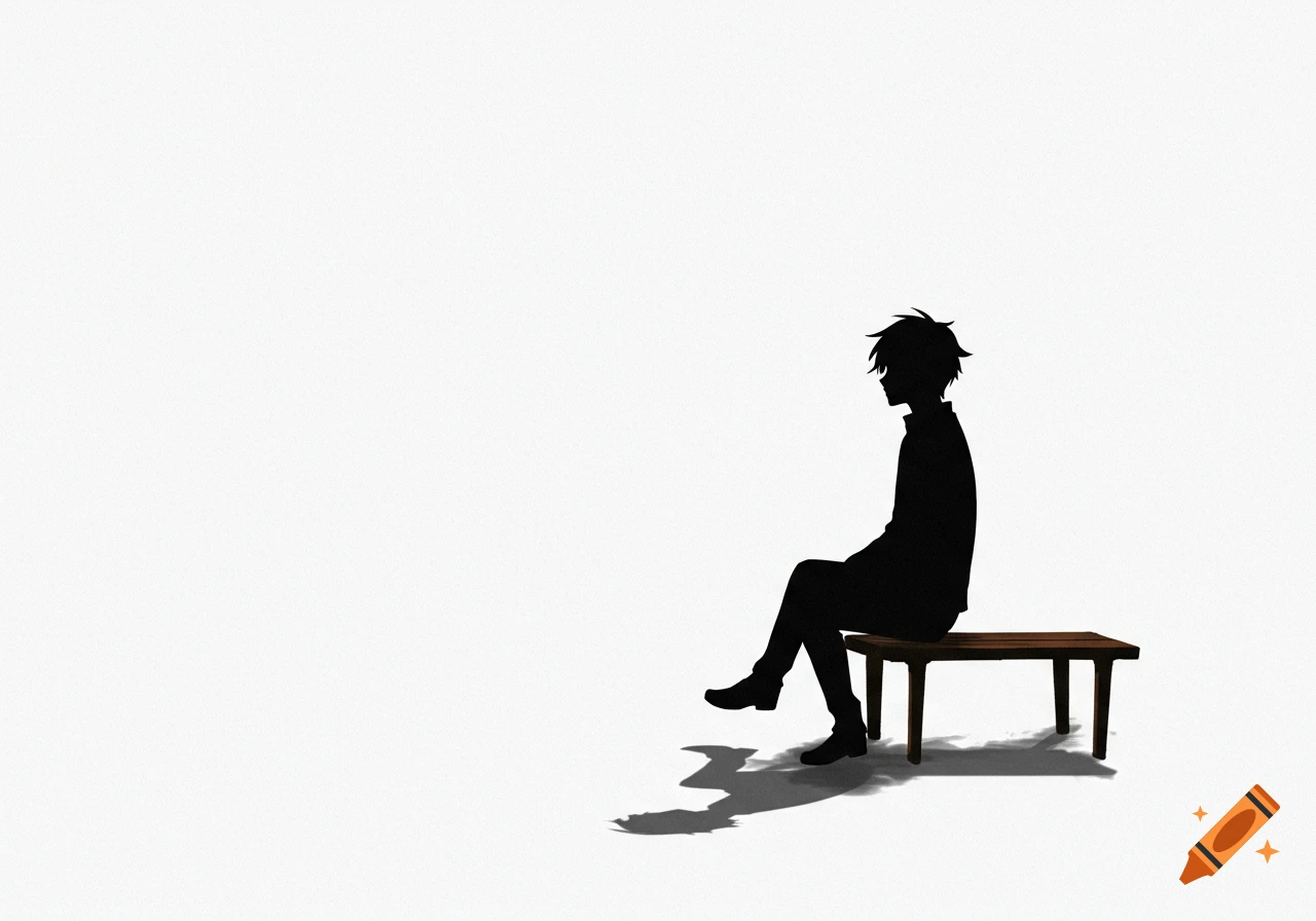Silhouette of an anime character sitting on a bench against a white background.