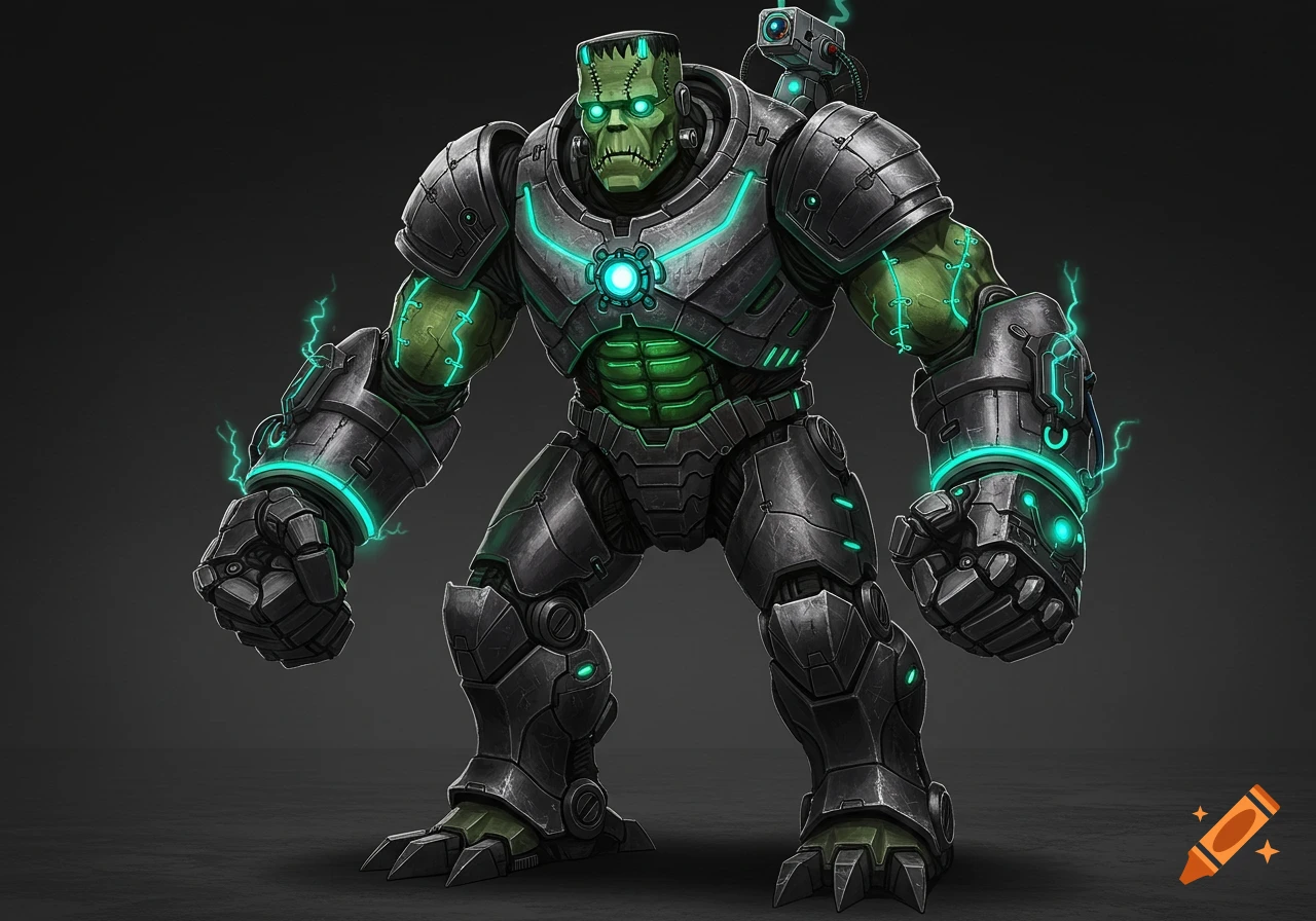 An illustrated Frankenstein's monster in futuristic gunmetal gray mech armor with glowing neon green details, standing on a dark background.