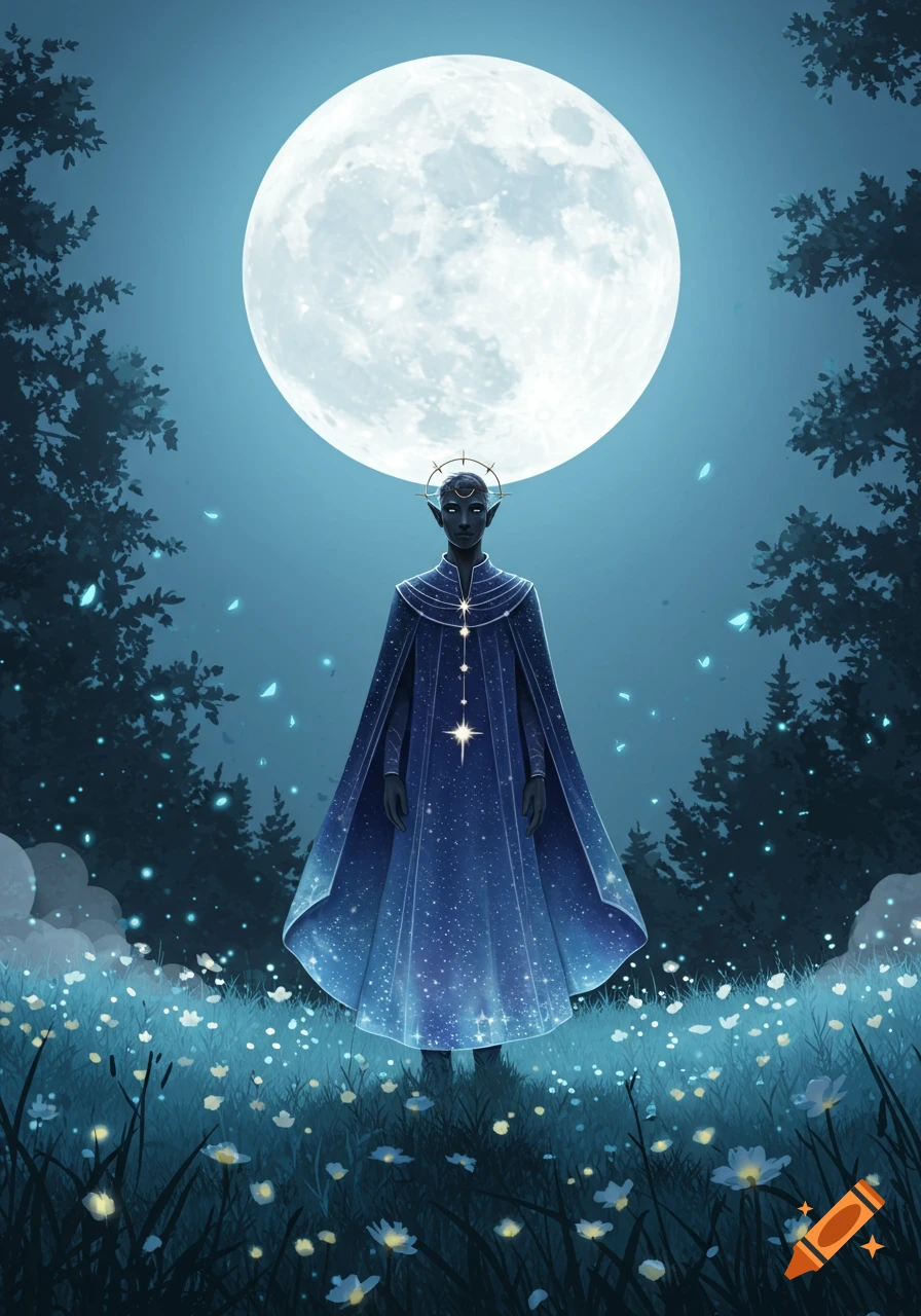An ethereal elf-like figure in a starry blue cloak stands in a glowing flower field under a huge full moon, surrounded by trees.
