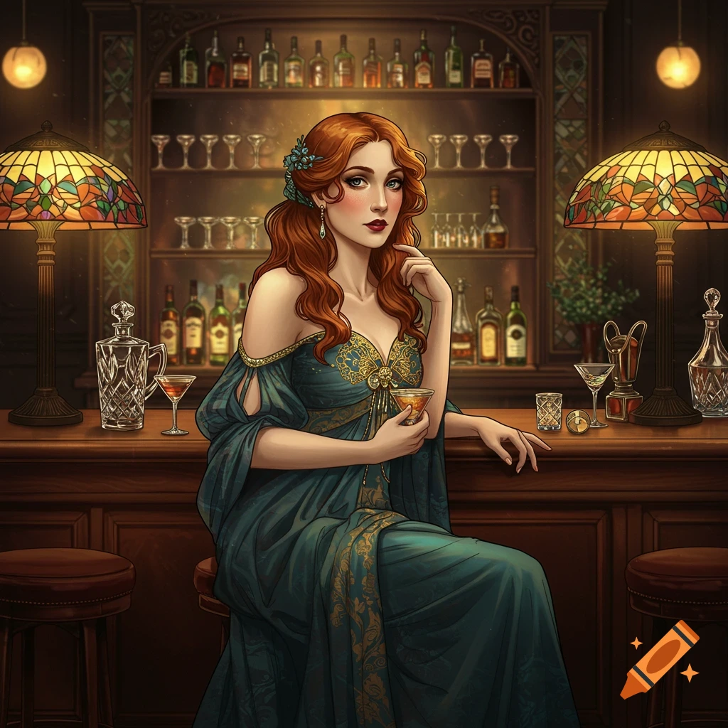 Art Nouveau style portrait of a red-haired woman in an ornate green dress sitting at a bar with drinks.