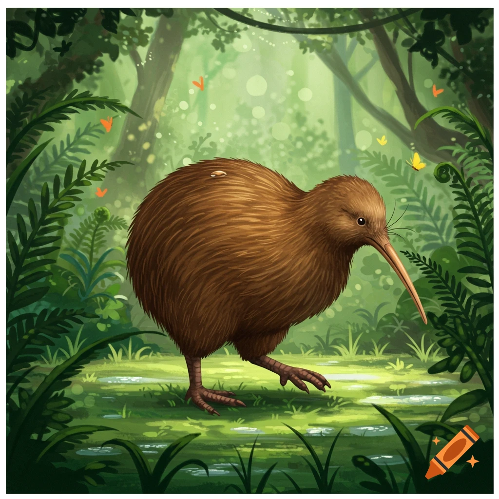 An illustrated brown kiwi bird walks through a vibrant, lush green forest with small puddles and flying butterflies.