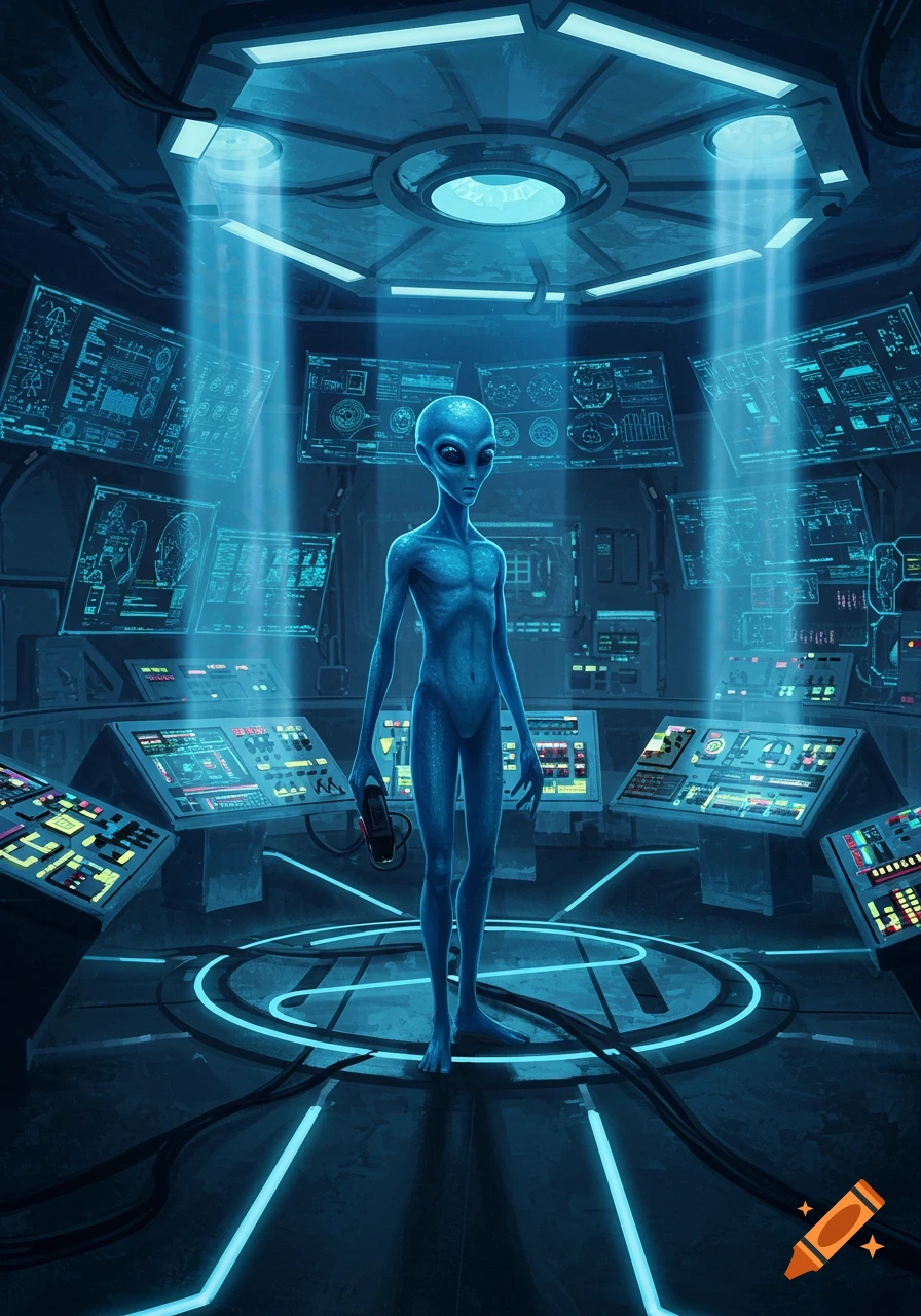 A grey alien stands in the center of a futuristic, blue-lit control room, holding a remote control. Many screens with illegible data surround it.