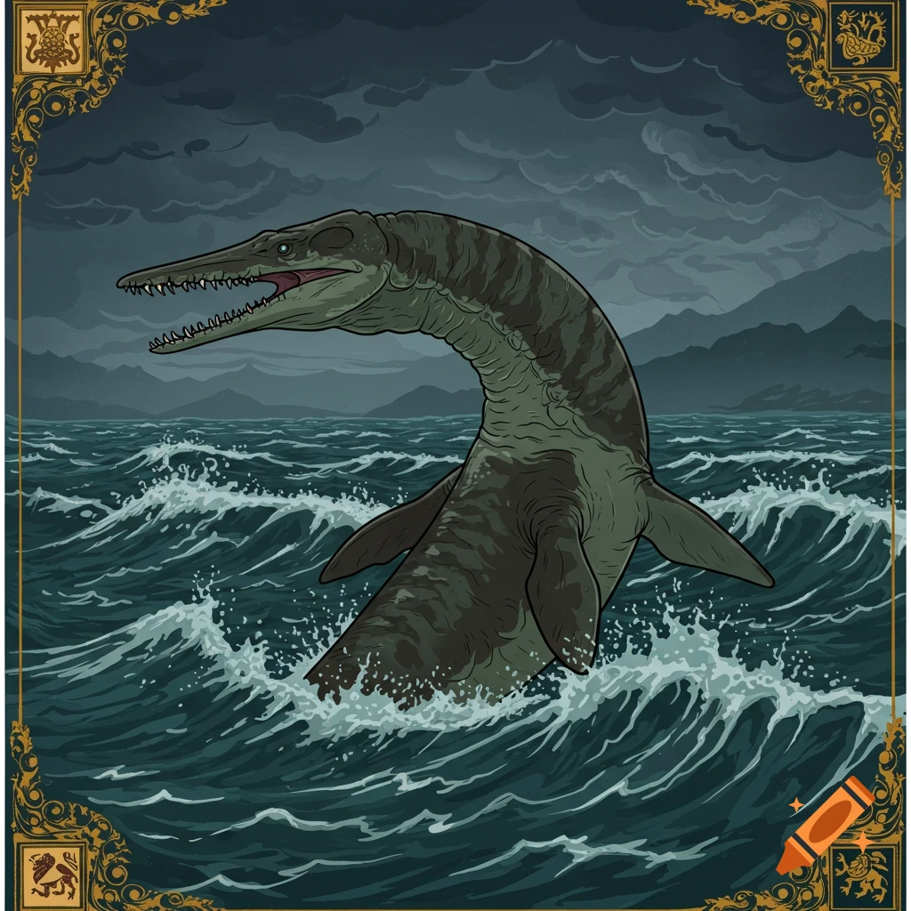 Vector illustration of a liopleurodon emerging from stormy ocean waves, framed by ornate medieval borders.