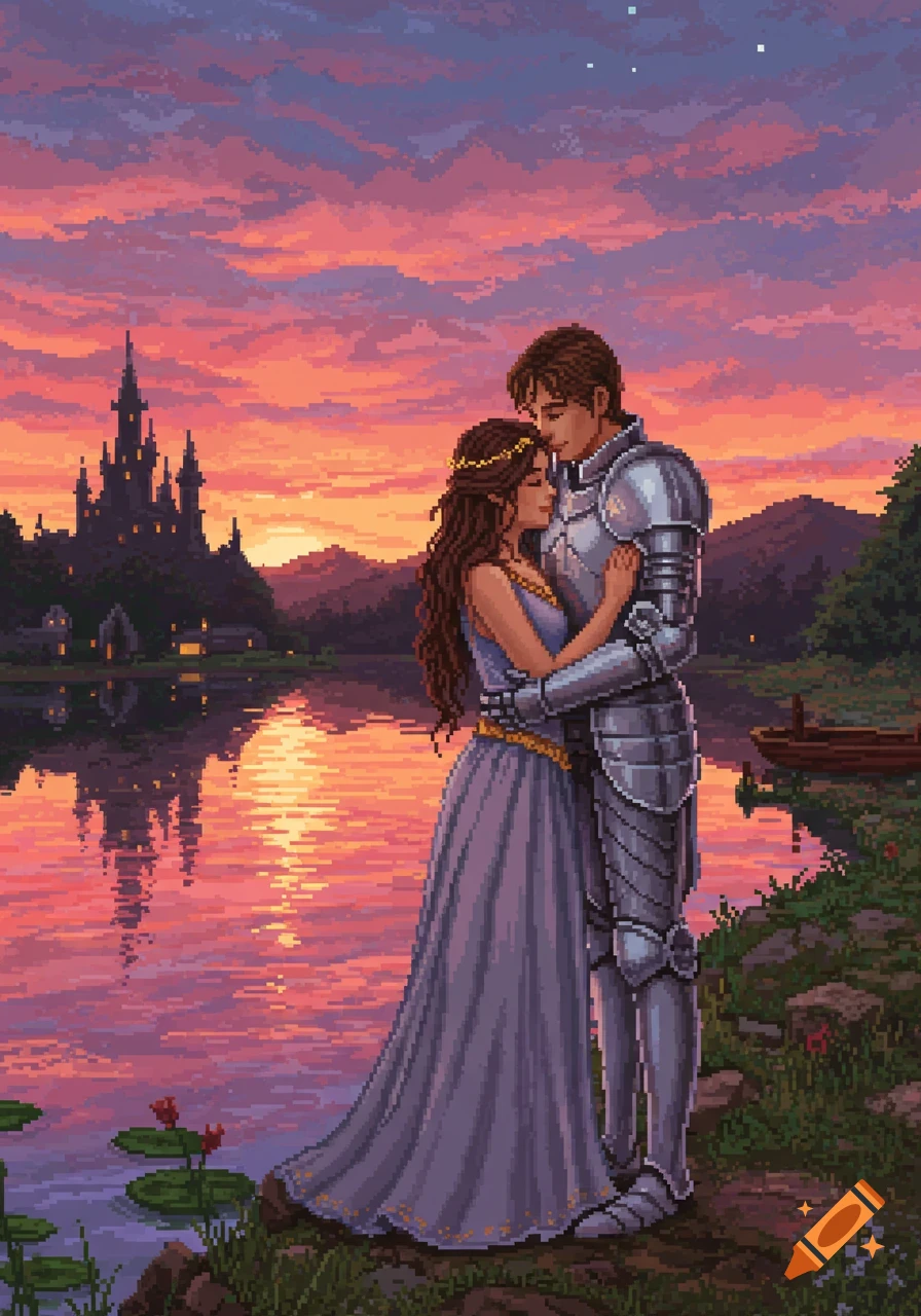 Pixel art of a knight in armor hugging a princess by a lake at sunset, with a castle and village in the distance.