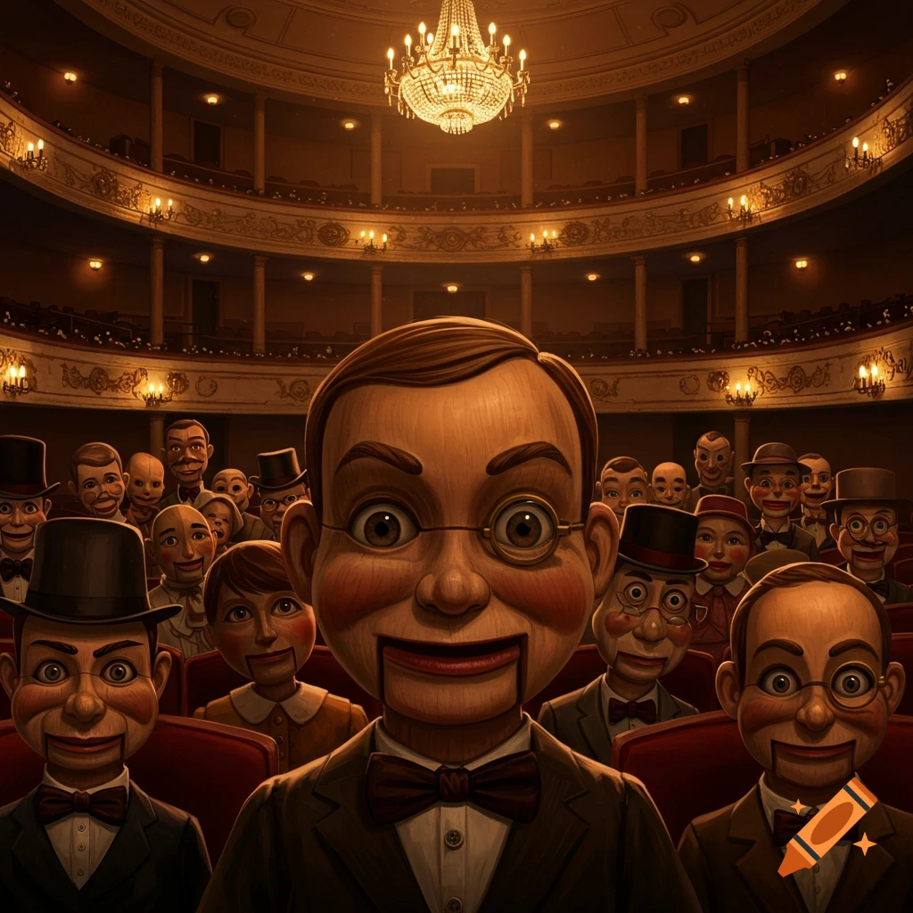 A crowd of unsettling ventriloquist dummies with painted faces and suits watches a performance in an ornate, dimly lit theater.