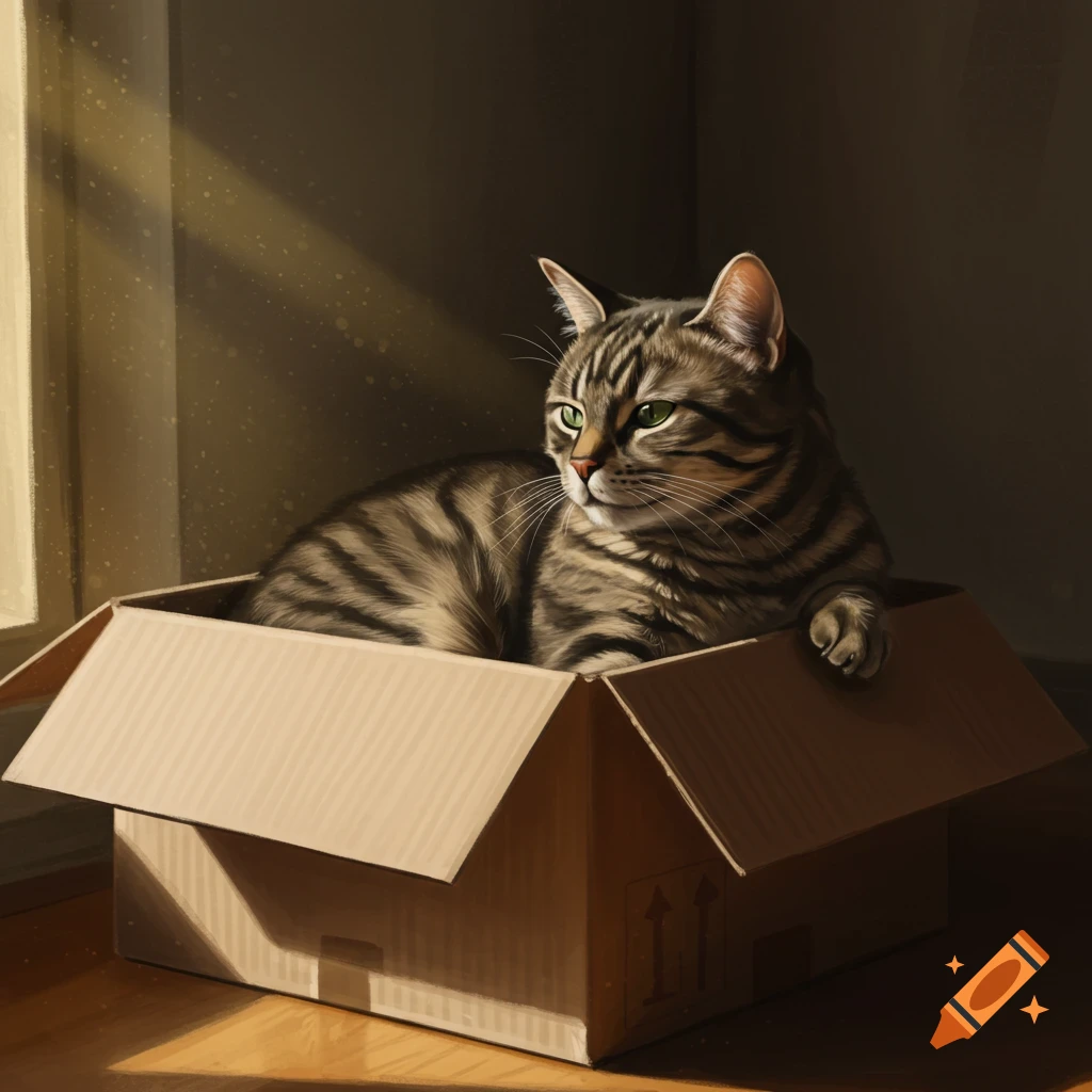 A painted brown-grey tabby cat with green eyes lounges in a cardboard box, illuminated by a sunbeam.
