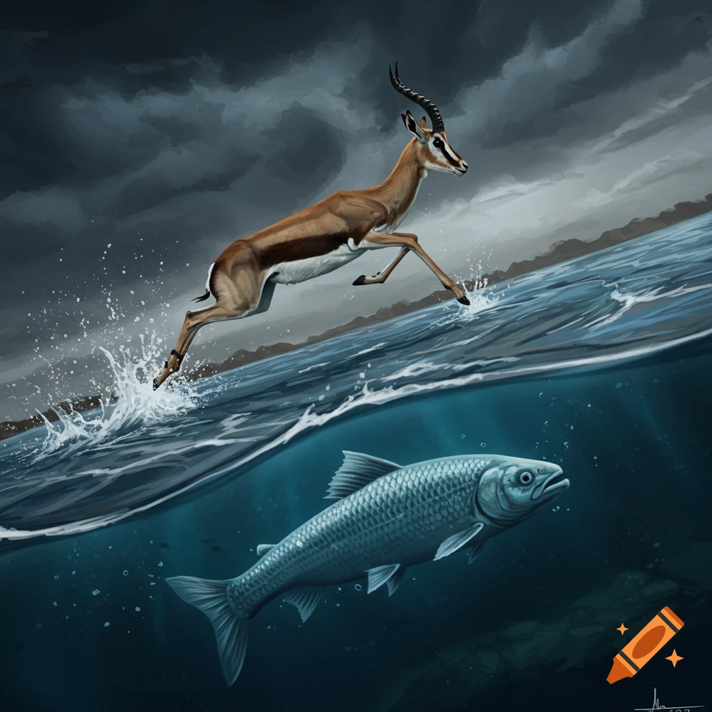 A gazelle leaps out of rough water under a stormy sky, while a large fish swims calmly beneath the surface. Digital painting.