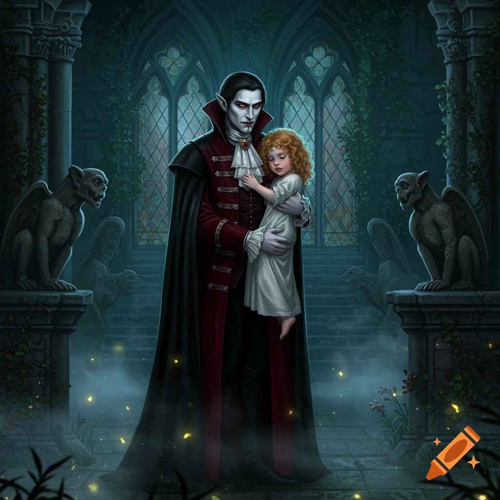 A tall vampire in a red and black cloak holds a small child with curly red hair in a dark, gothic castle with gargoyles.