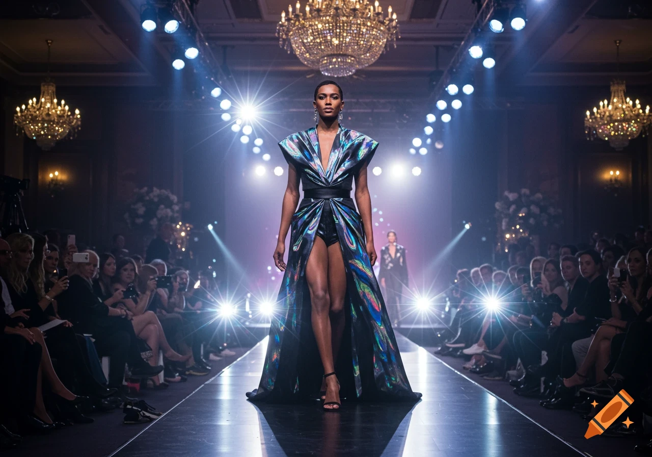 A model in a shimmering, multi-colored gown walks down a brightly lit runway at a fashion show.