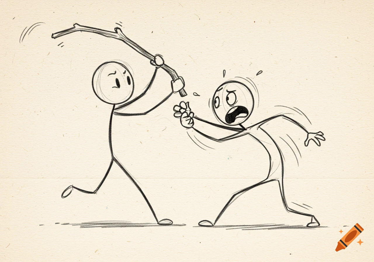 Hand-drawn style sketch of an angry stick figure hitting a scared stick figure with a stick.