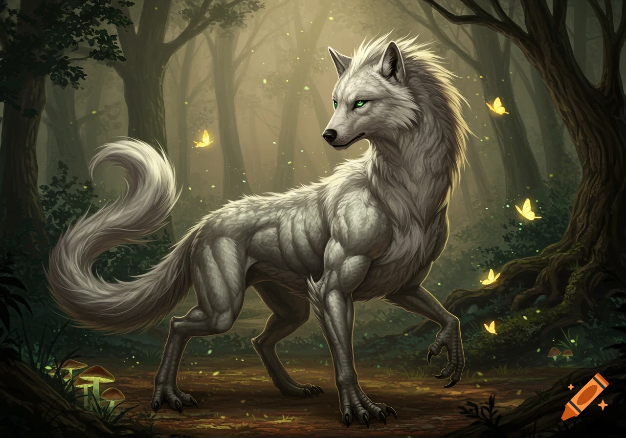 Majestic white wolf-like creature with green eyes in an enchanting, misty forest with glowing butterflies and mushrooms. Digital art.