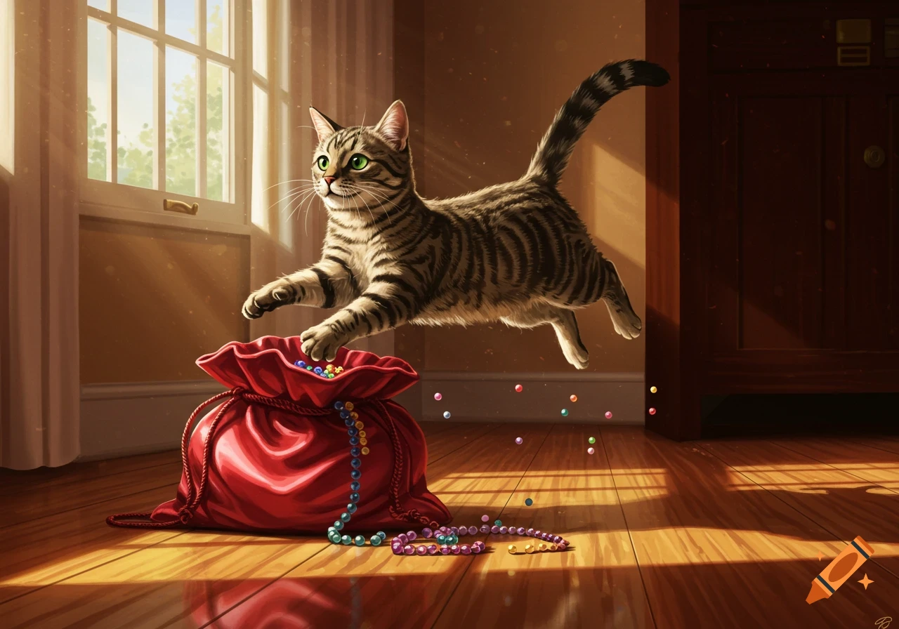 A tabby cat jumps over a red bag, scattering colorful beads on a sunlit wooden floor.