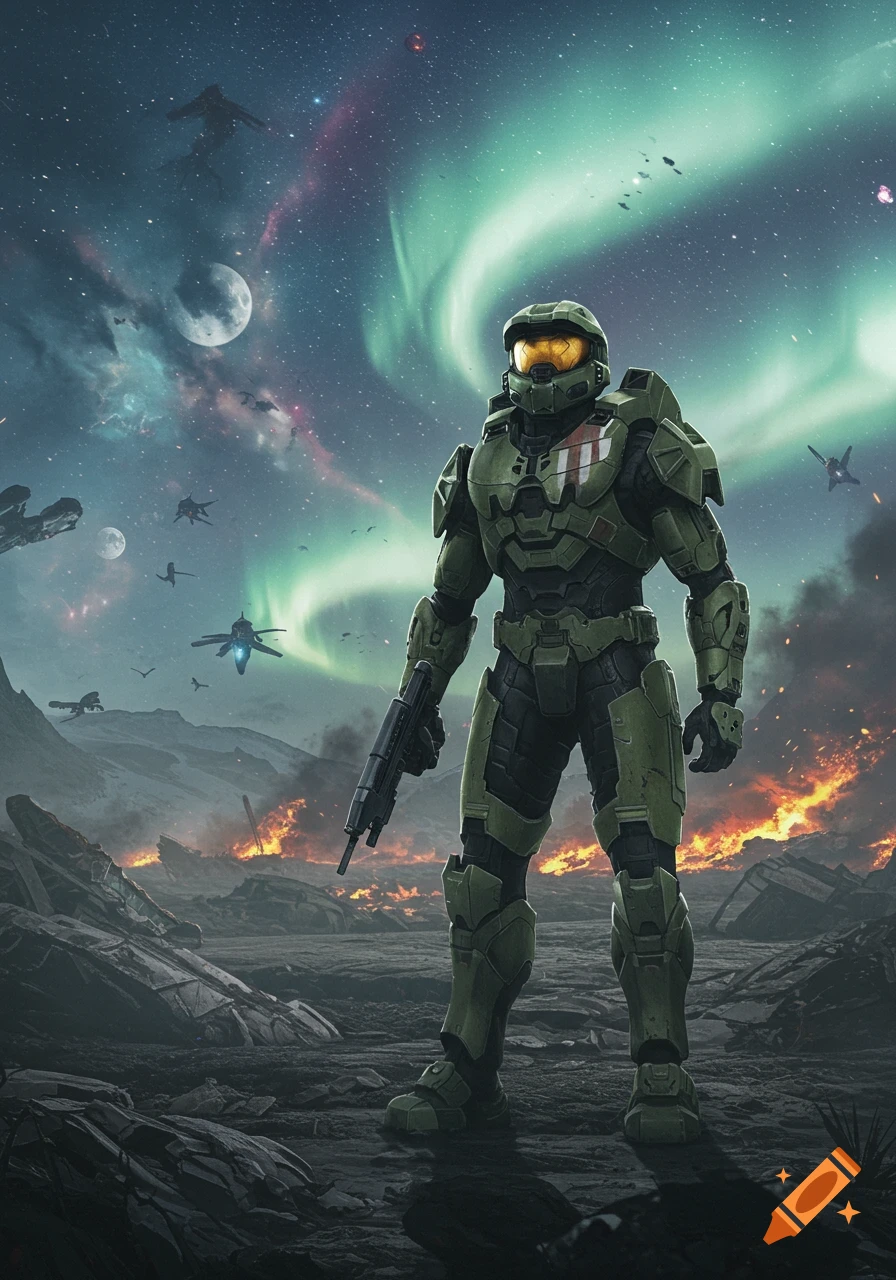 Master Chief stands on a fiery alien planet under a starry sky with a green aurora and spaceships, holding a rifle.