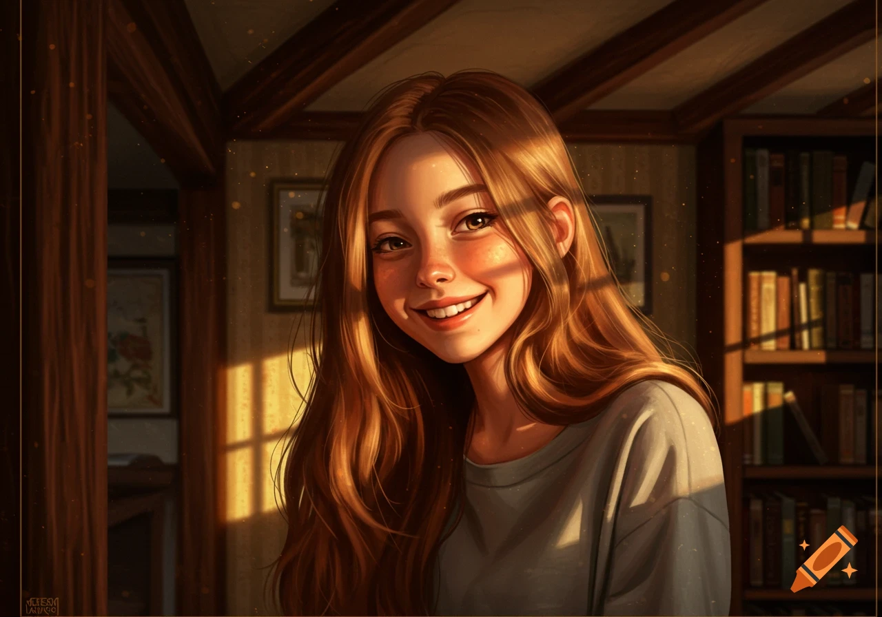 Smiling girl with long brown hair and freckles in a grey shirt, bathed in warm sunlight in a cozy, book-filled room. Digital art.