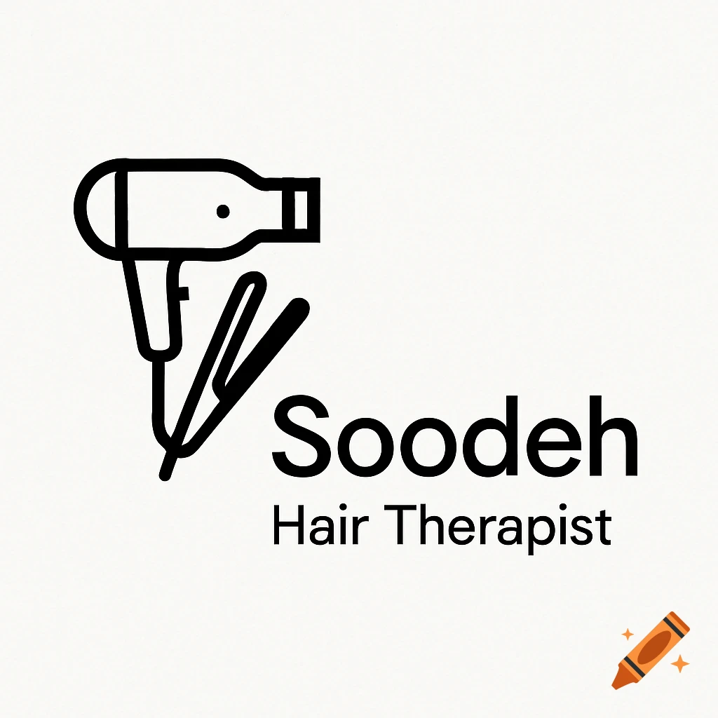 Minimalist black logo with a hair dryer and flat iron, and the text 'Soodeh Hair Therapist'.