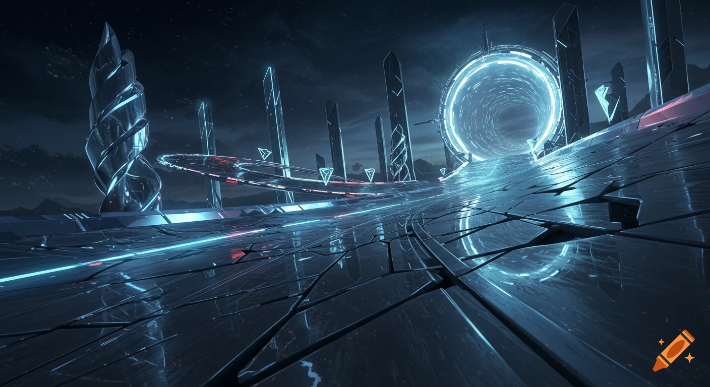 Futuristic chrome racetrack with glowing blue lines, mirror obelisks, and a large bright portal under a dark sky.