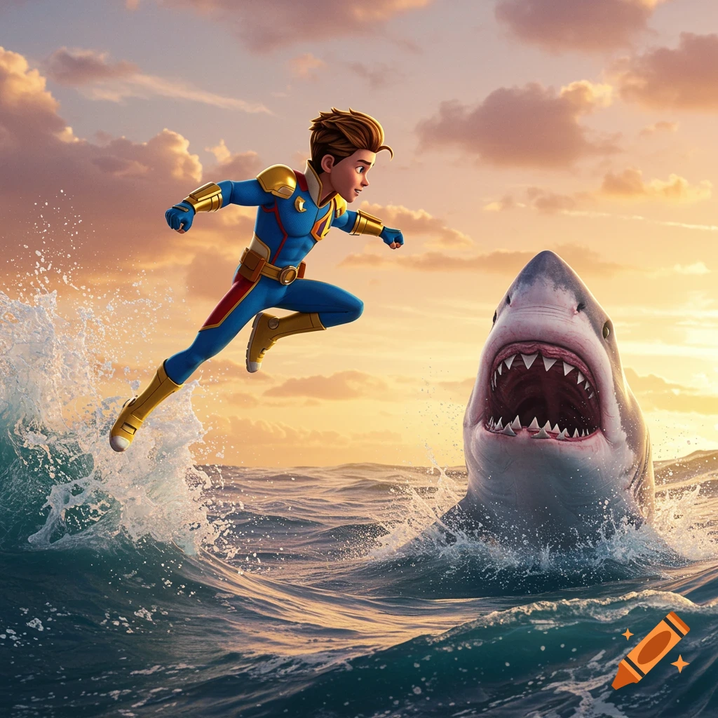 A cartoon superhero boy in blue and gold armor leaps over a great white shark lunging from the ocean at sunset.