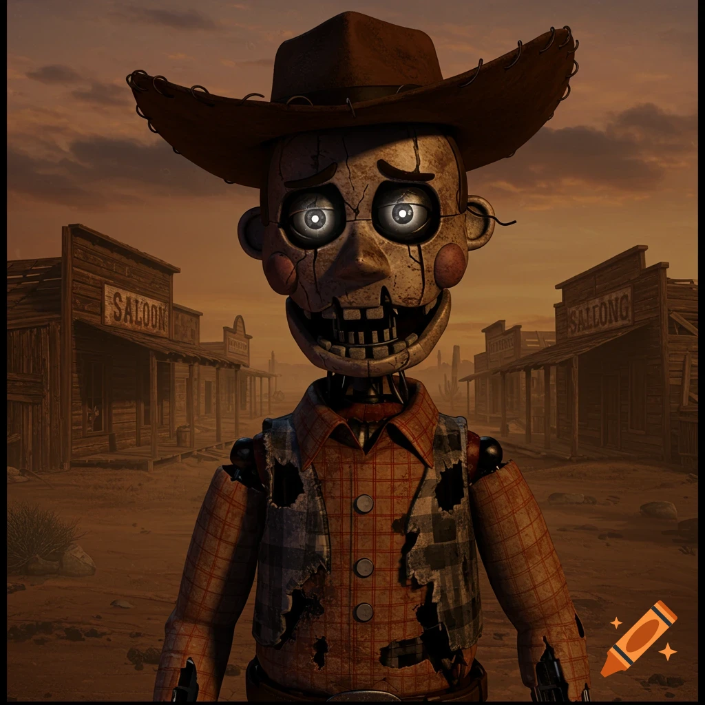A decaying animatronic cowboy with glowing eyes stands in a desolate Western town at sunset, wearing a hat and torn plaid shirt.