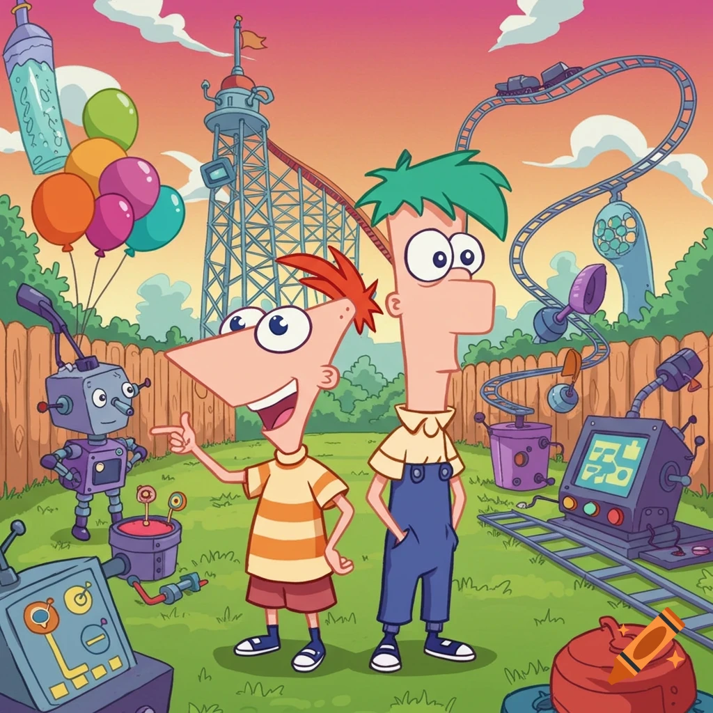 Phineas and Ferb in their backyard with various inventions and a roller coaster in an animated style.