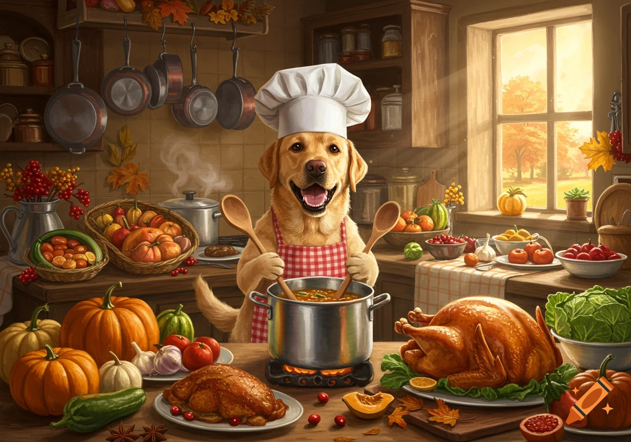A happy labrador dog in a chef's hat and apron stirs a pot with two wooden spoons in a rustic kitchen filled with Thanksgiving food like roasted turkeys, pumpkins, and vegetables.