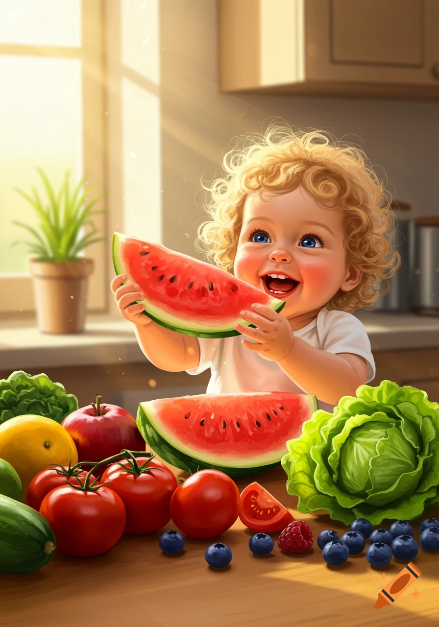 A joyful toddler with curly blonde hair holds a slice of watermelon, surrounded by fresh fruits and vegetables on a sunlit kitchen counter.