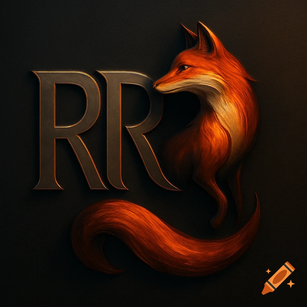 Stylized orange fox intertwined with dark metallic letters 'RR' on a black background.