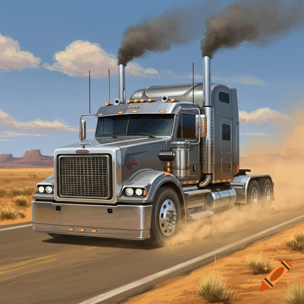 A grey semi-truck with chrome accents speeds down a dusty desert road, emitting black smoke, under a blue sky with scattered clouds.