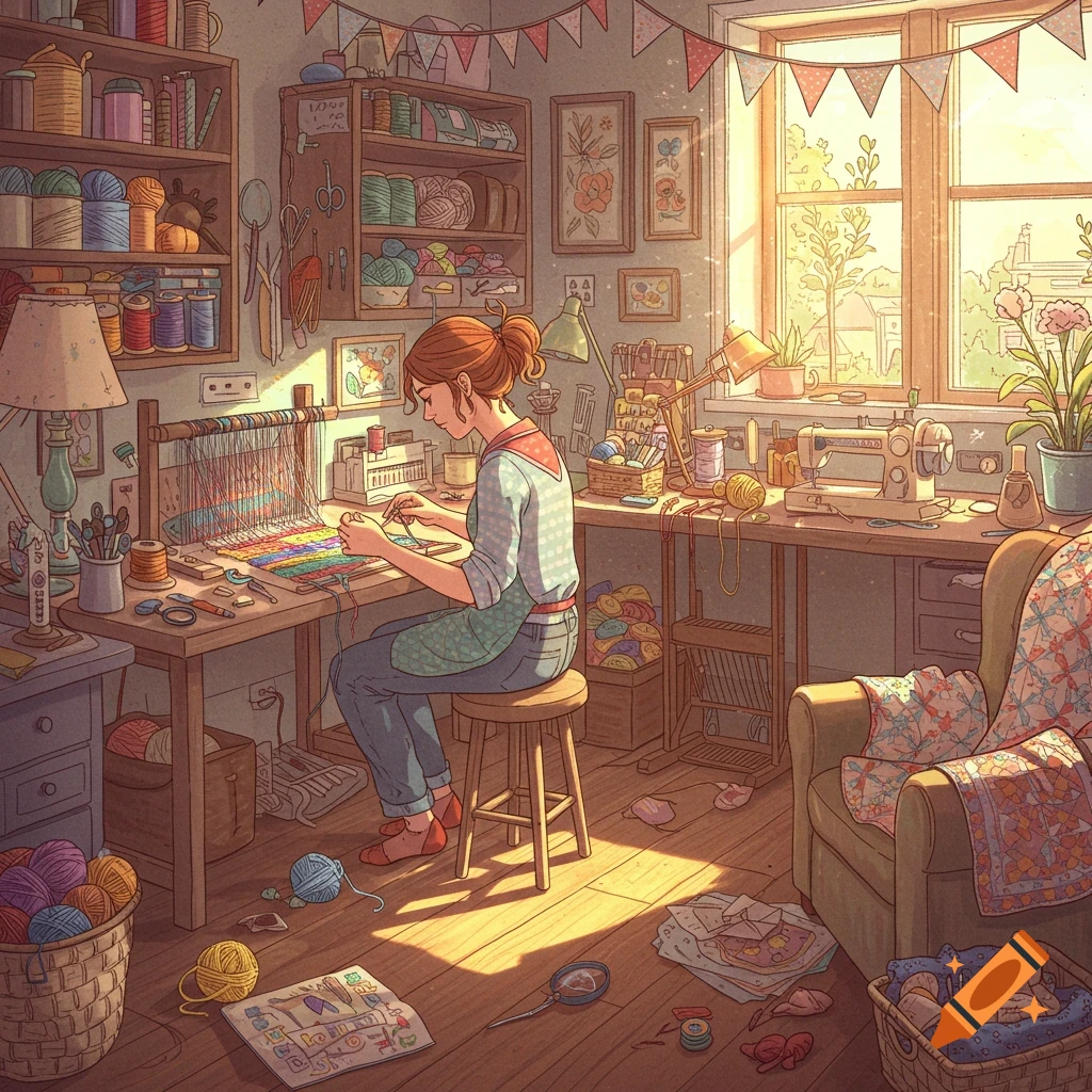 A detailed, cozy illustration of a woman weaving at a loom in her sunlit craft studio filled with yarn and craft supplies.