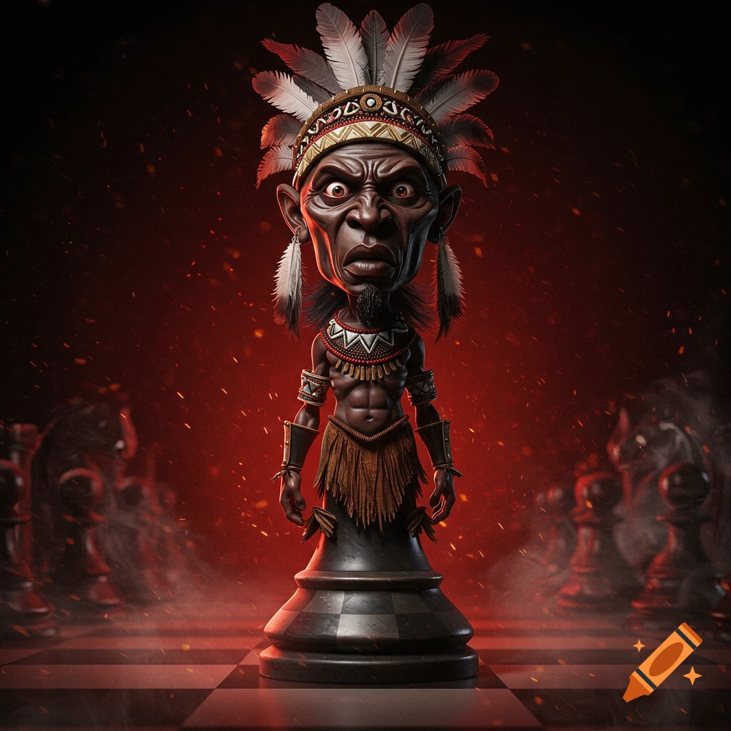 Grotesque caricatured Zulu warrior chess piece with feathered headdress on a chessboard with a fiery red background.