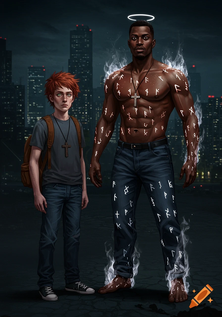 A red-haired boy with a backpack stands next to a muscular bald man covered in glowing runes and a halo, against a dark city skyline.