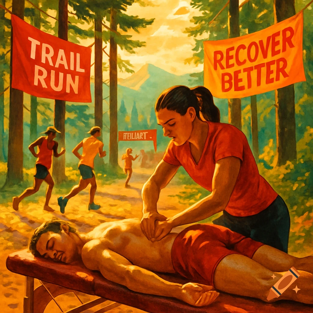 A woman gives a man a sports massage on a table in a forest, with trail runners in the background and banners saying 'TRAIL RUN' and 'RECOVER BETTER' in a painterly style.