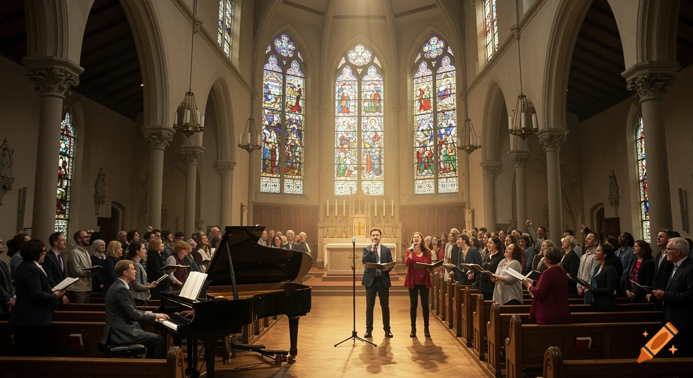 A choir and two soloists sing in a grand church with stained glass windows, a pianist plays a grand piano.