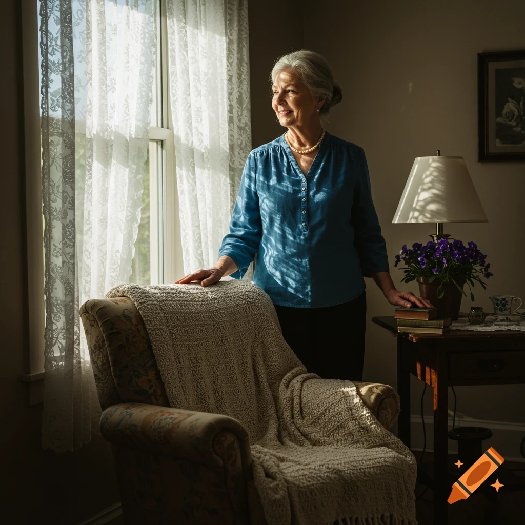An elderly woman with gray hair in a blue shirt stands by a sunlit window, smiling and looking out. She rests her hands on an armchair. Photorealistic.