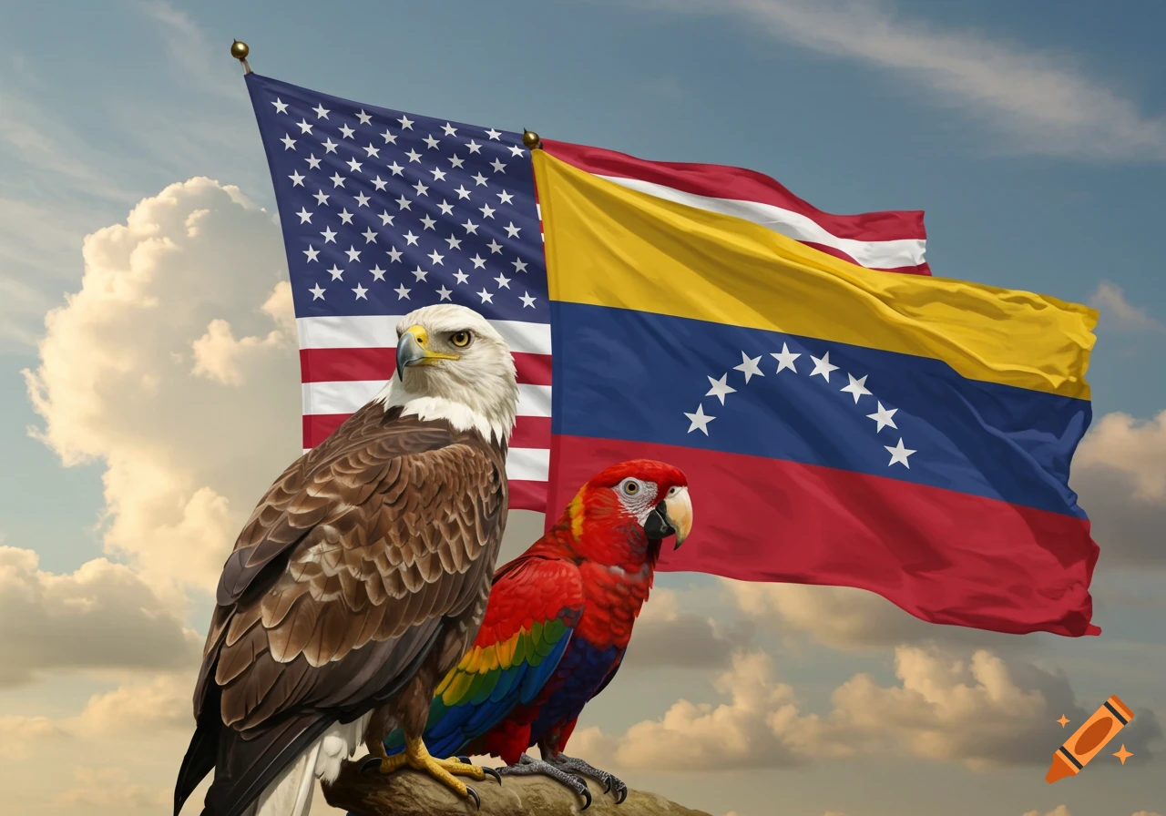 A photorealistic bald eagle and macaw on a branch, with American and Venezuelan flags waving in a cloudy sky.