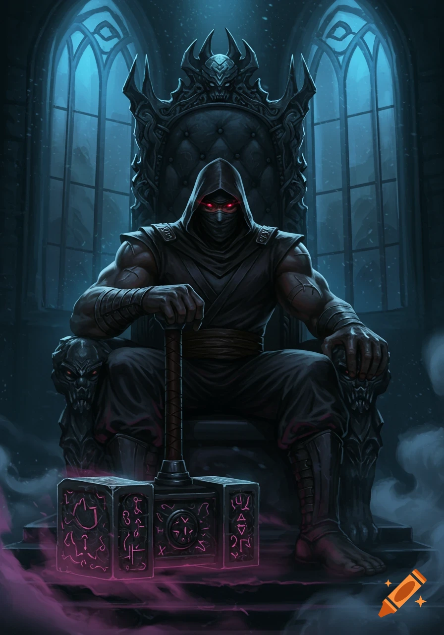 A dark hooded figure with glowing red eyes and ninja attire sits on an ornate, horned throne, holding a giant hammer.