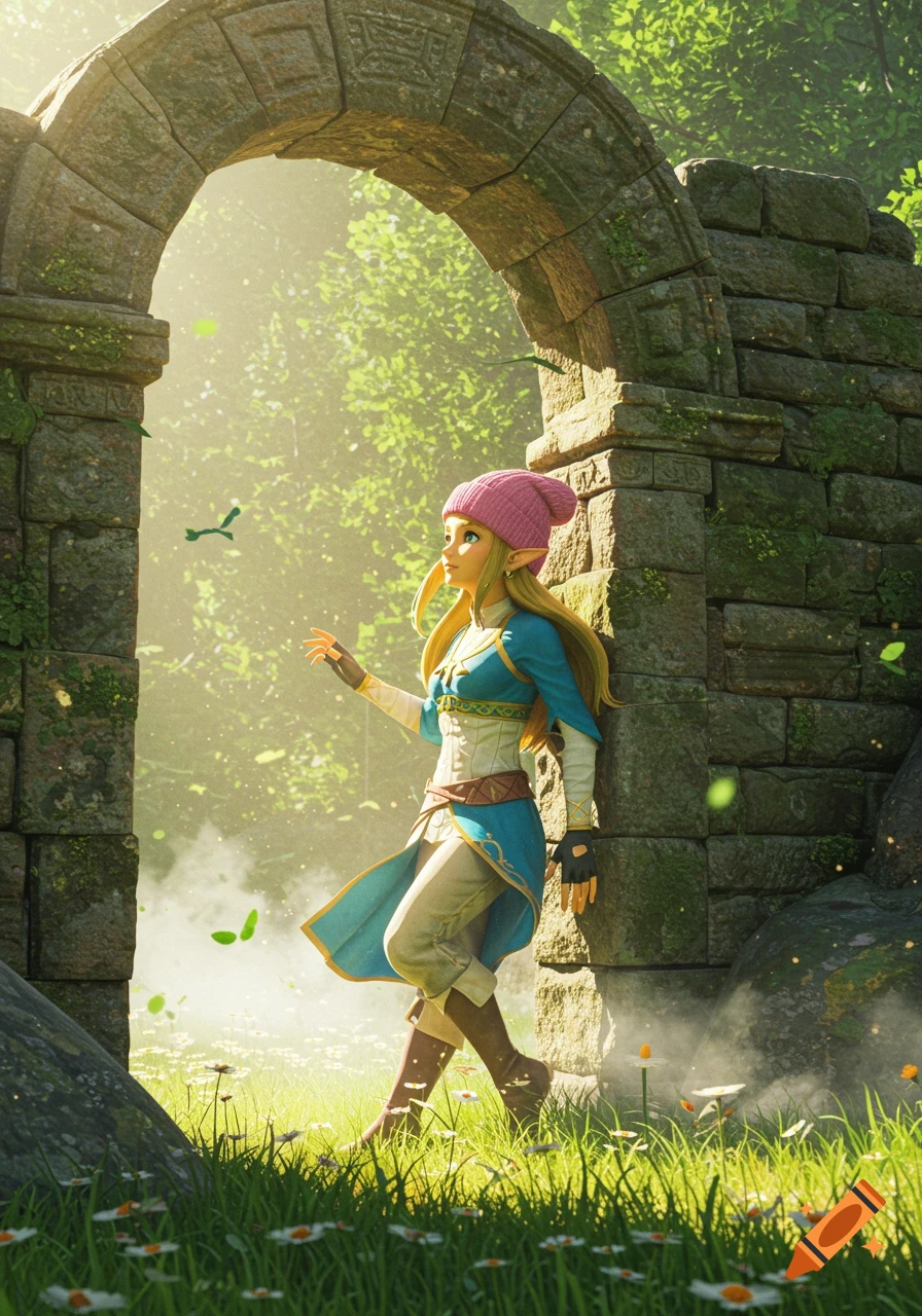 Princess Zelda in a pink beanie under a mossy stone archway in a sunlit, misty forest clearing with wildflowers.