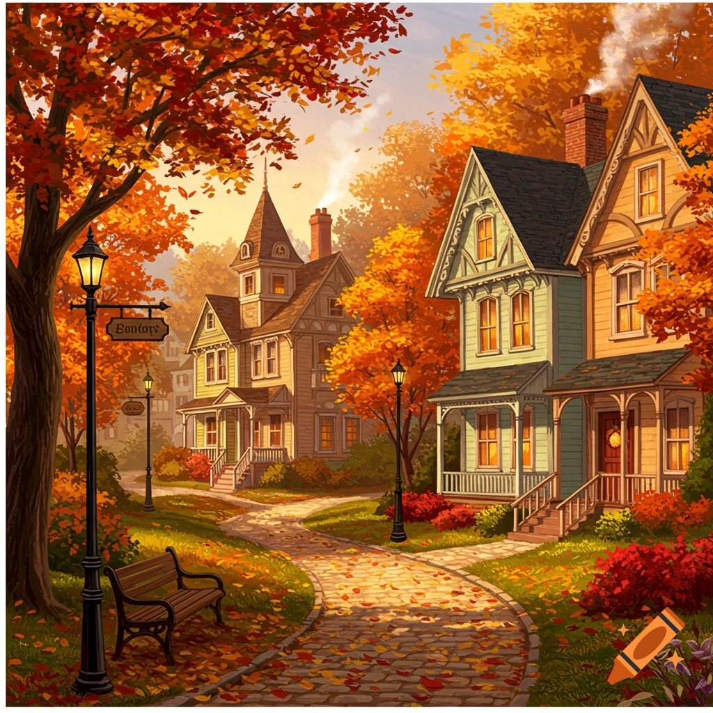 Vibrant illustration of Victorian-style houses along a winding path in an autumn neighborhood, with colorful fall foliage.