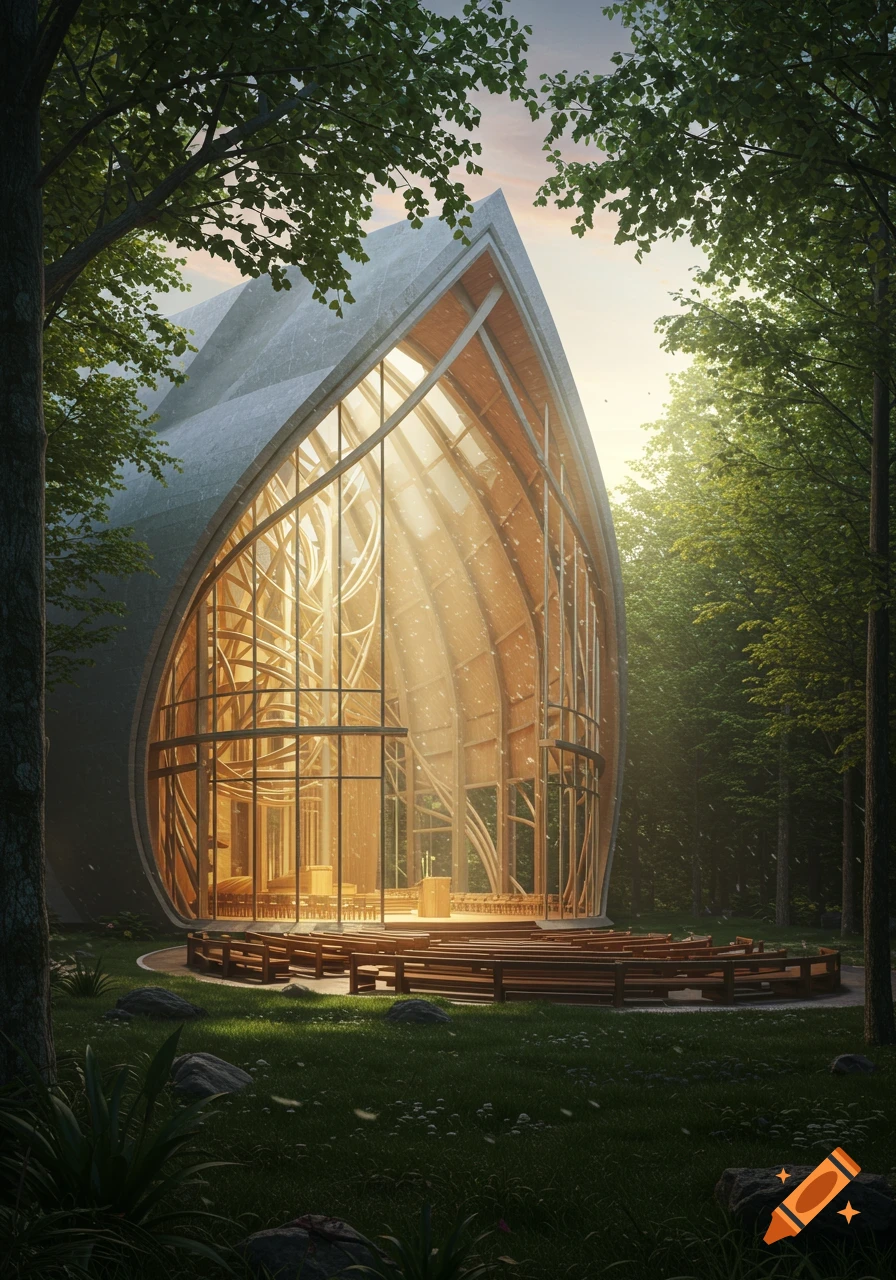 Modern leaf-shaped chapel with glass walls in a sunlit forest, photorealistic.