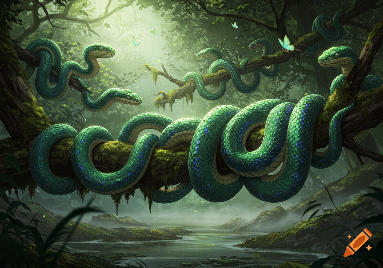 Green and blue snakes with intricate scales coil around mossy tree branches in a lush, misty jungle with a winding river, in a detailed fantasy art style.