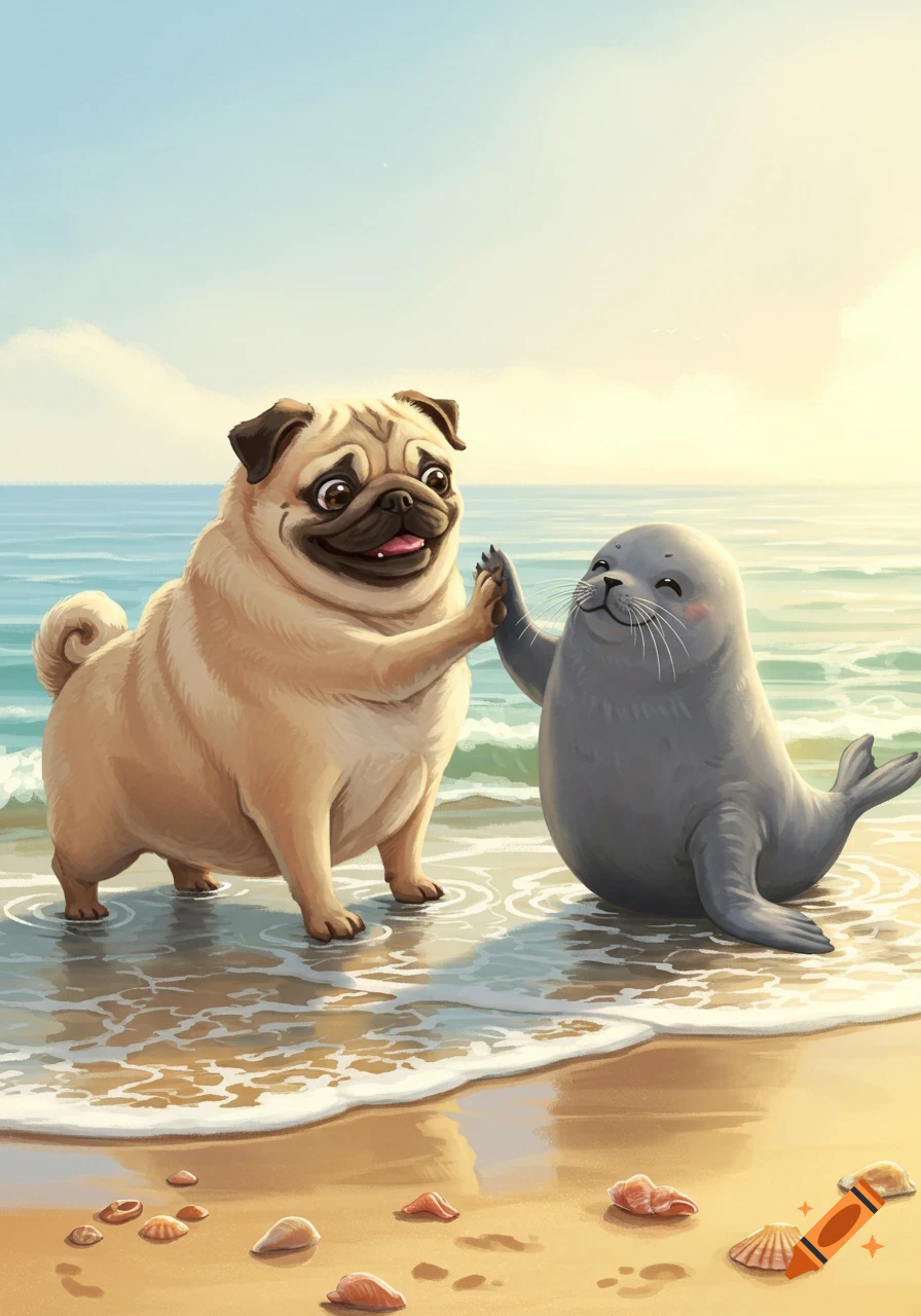 Cartoon pug and seal high-fiving on a sunny sandy beach with seashells.