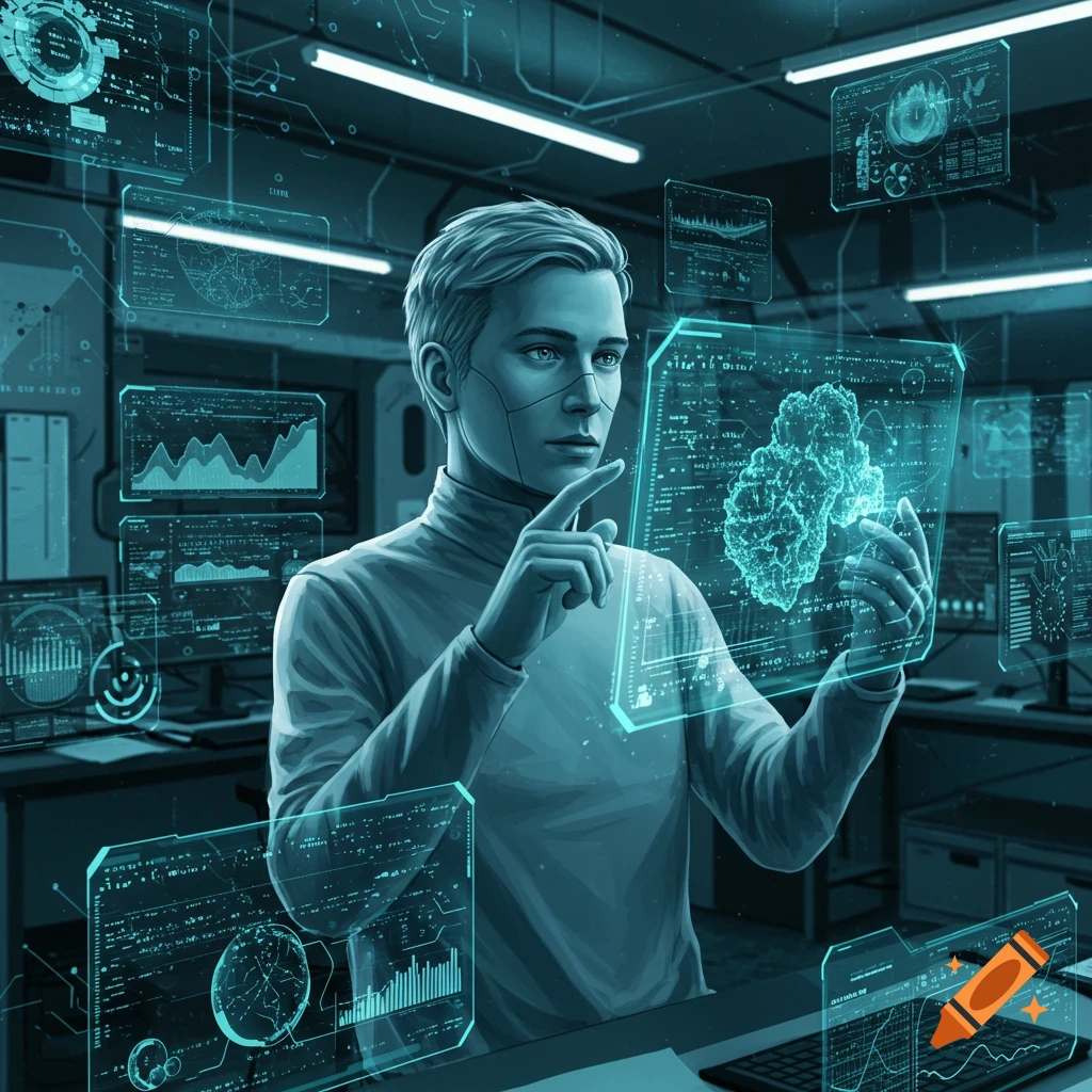 Futuristic man in a lab interacting with glowing blue holographic data screens. Digital art.