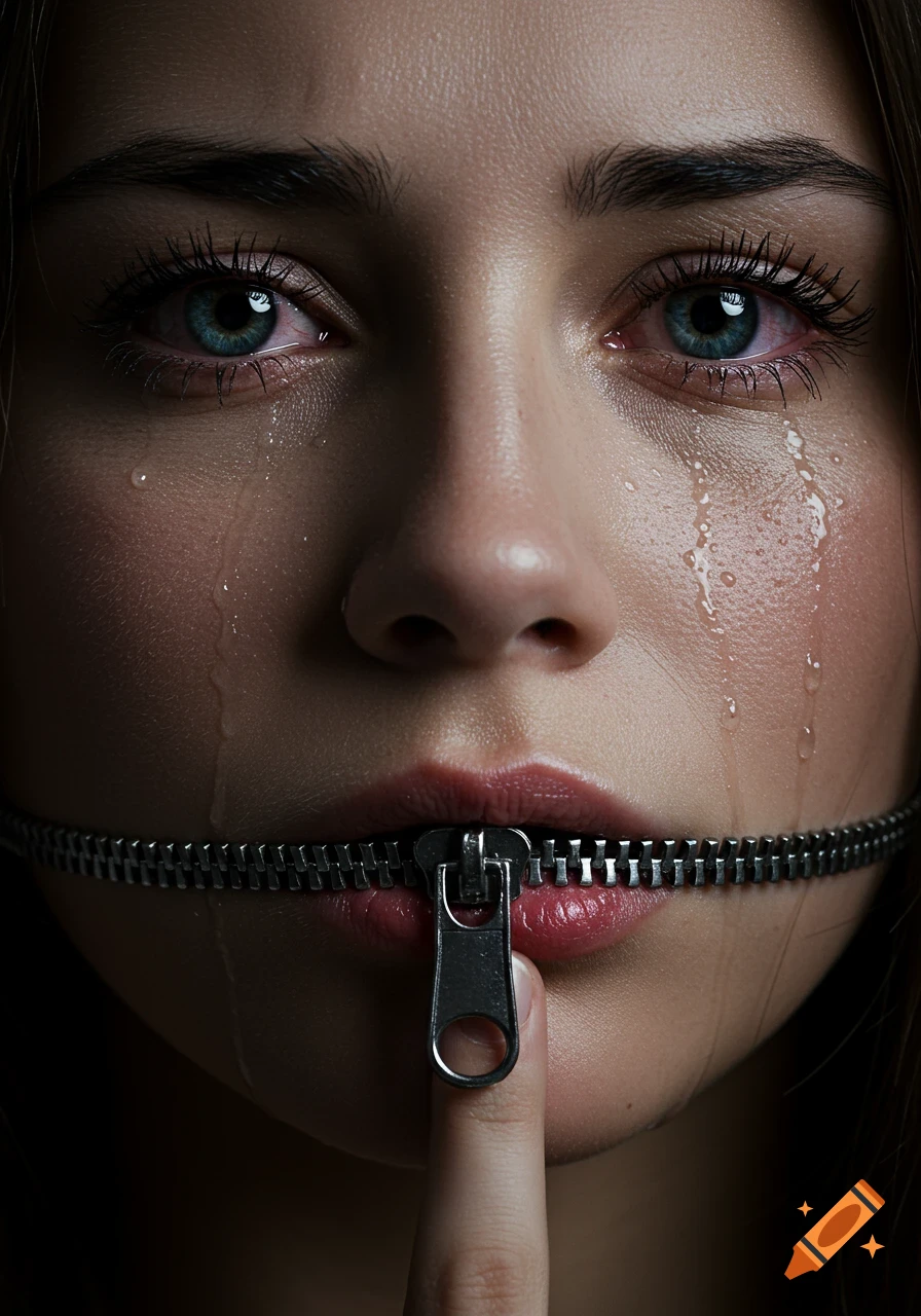 Hyper-realistic close-up of a crying woman's face with red eyes, a zipper across her mouth, and her finger on the zipper pull.