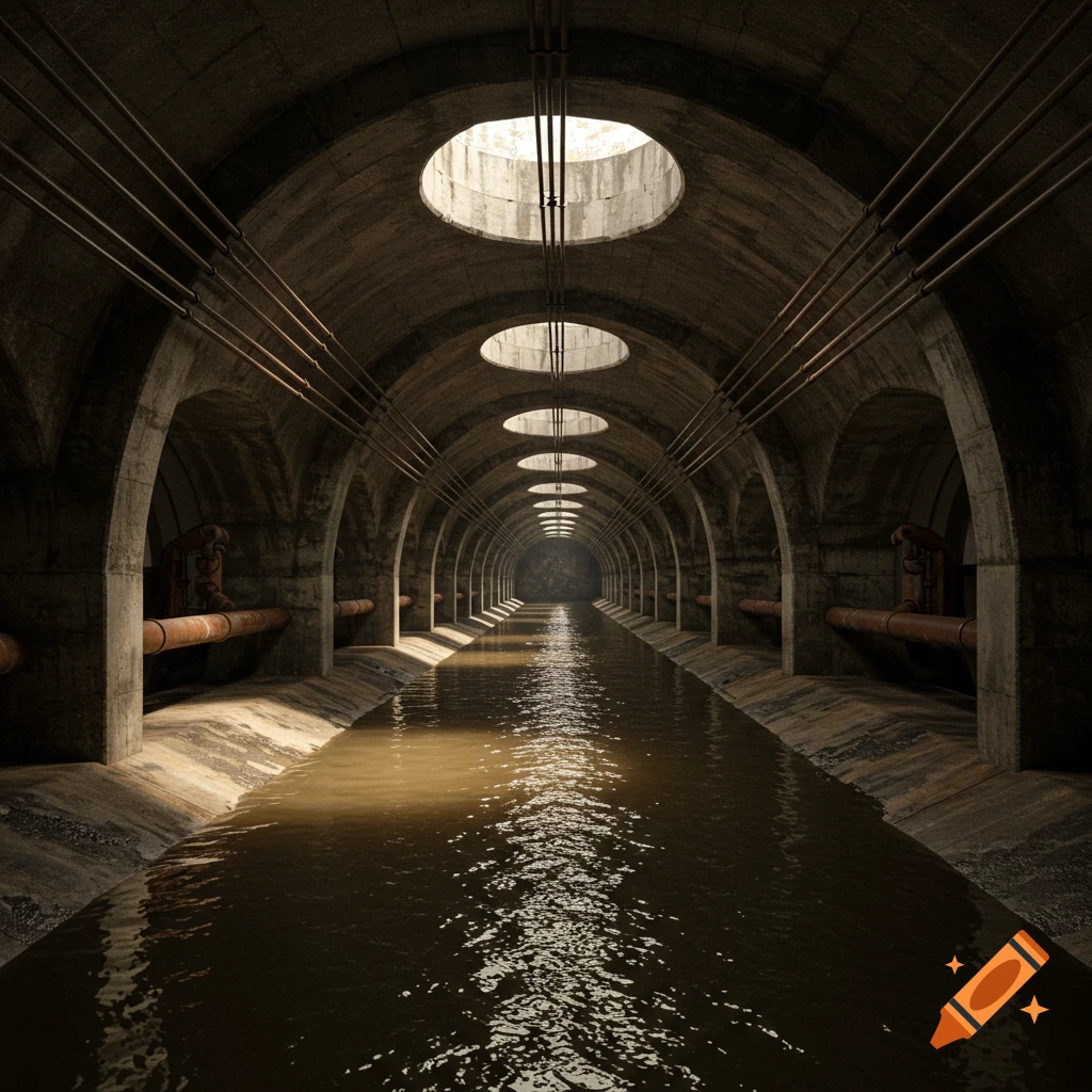 A long, dark, concrete sewer tunnel with arched ceilings, skylights, brown running water, and pipes.