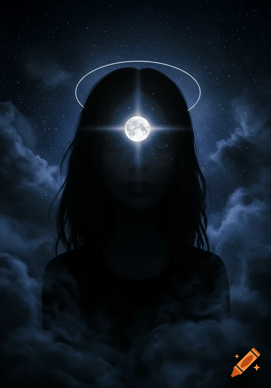 Dark silhouette of a woman with a glowing full moon on her forehead and a halo, against a starry night sky with clouds.