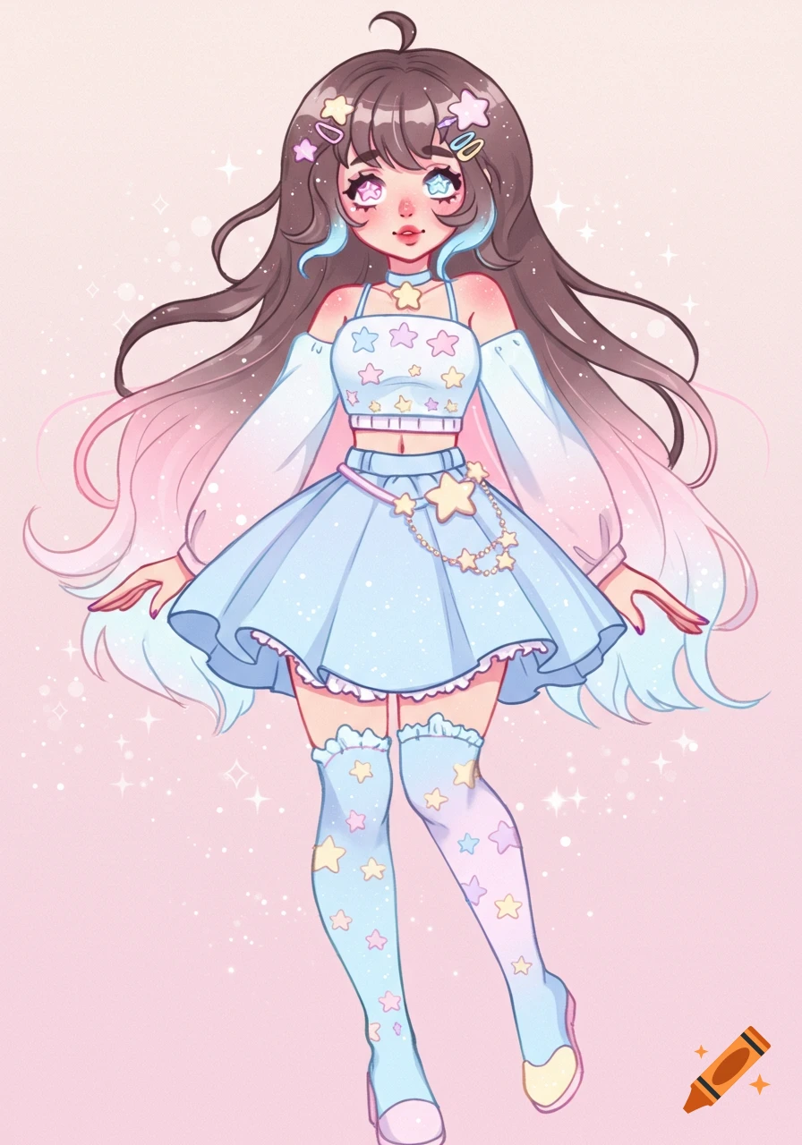 An anime girl with brown, pink, and blue gradient hair, wearing a pastel blue star-themed crop top and skirt, with star socks and mismatched star pupils.